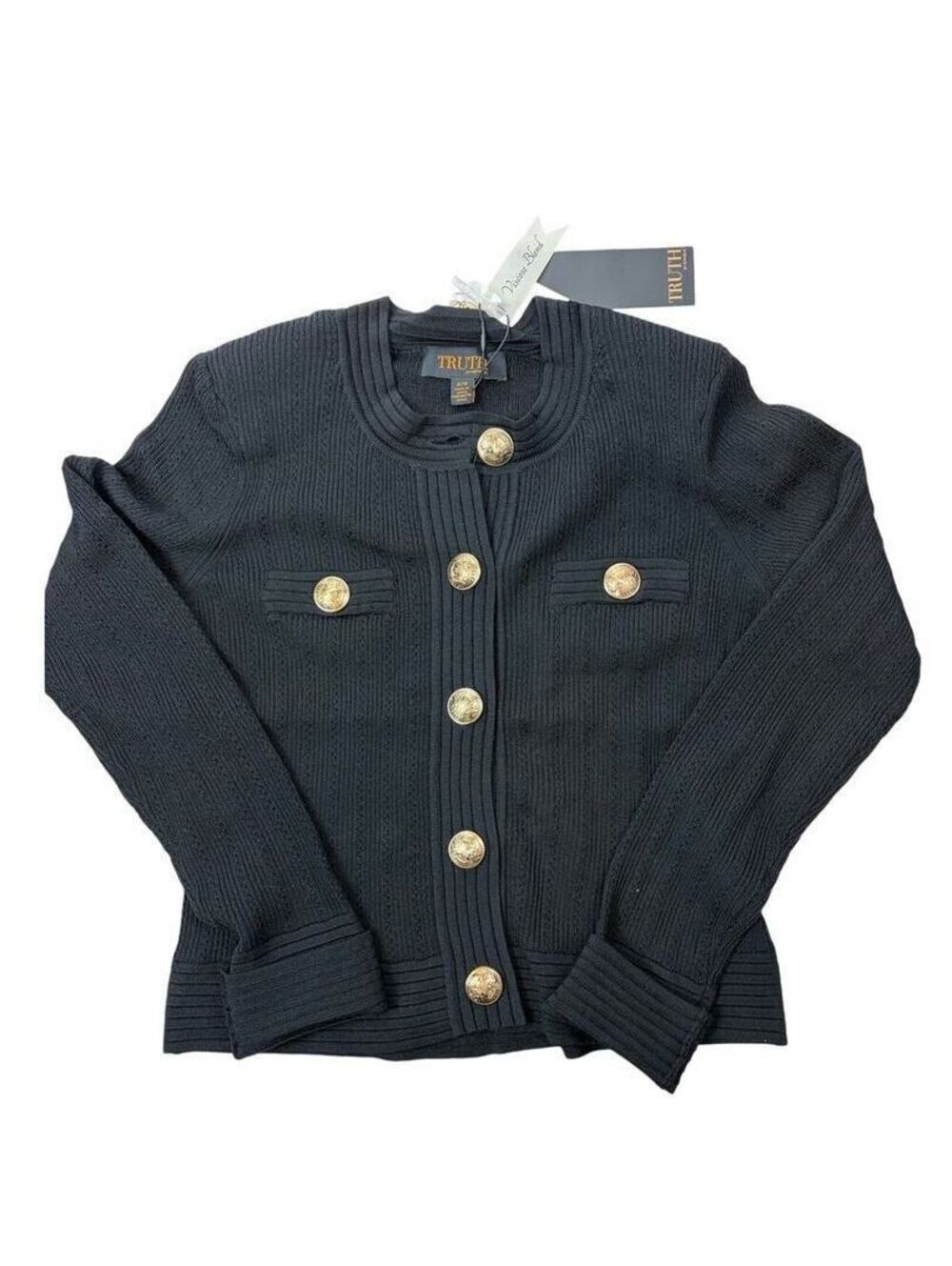 Med NWT TRUTH by Republic Black Rib Knit Cardigan Gold Crest Buttons Lady Jacket